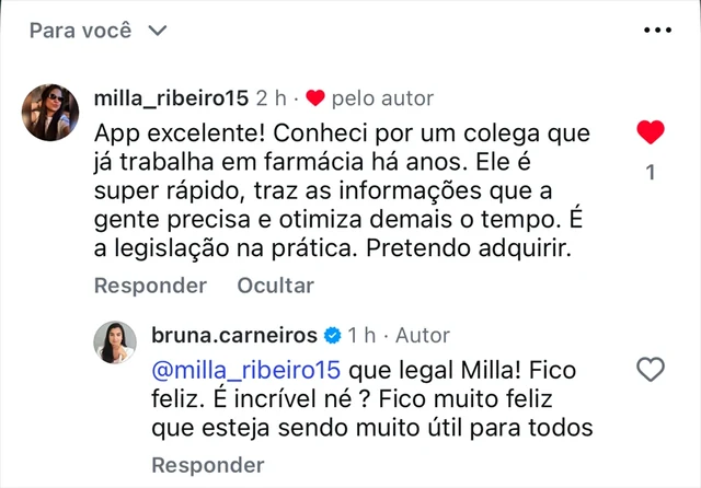 Comentário no Instagram: “App excelente! Ele é super rápido, traz as informações que a gente precisa e otimiza demais o tempo. É a legislação na prática. Pretendo adquirir.”