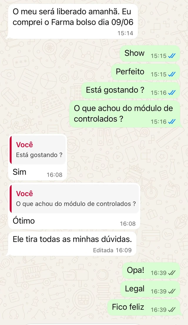 Conversa de WhatsApp com cliente: “Está gostando? Sim. Ótimo. Ele tira todas as minhas dúvidas.”
