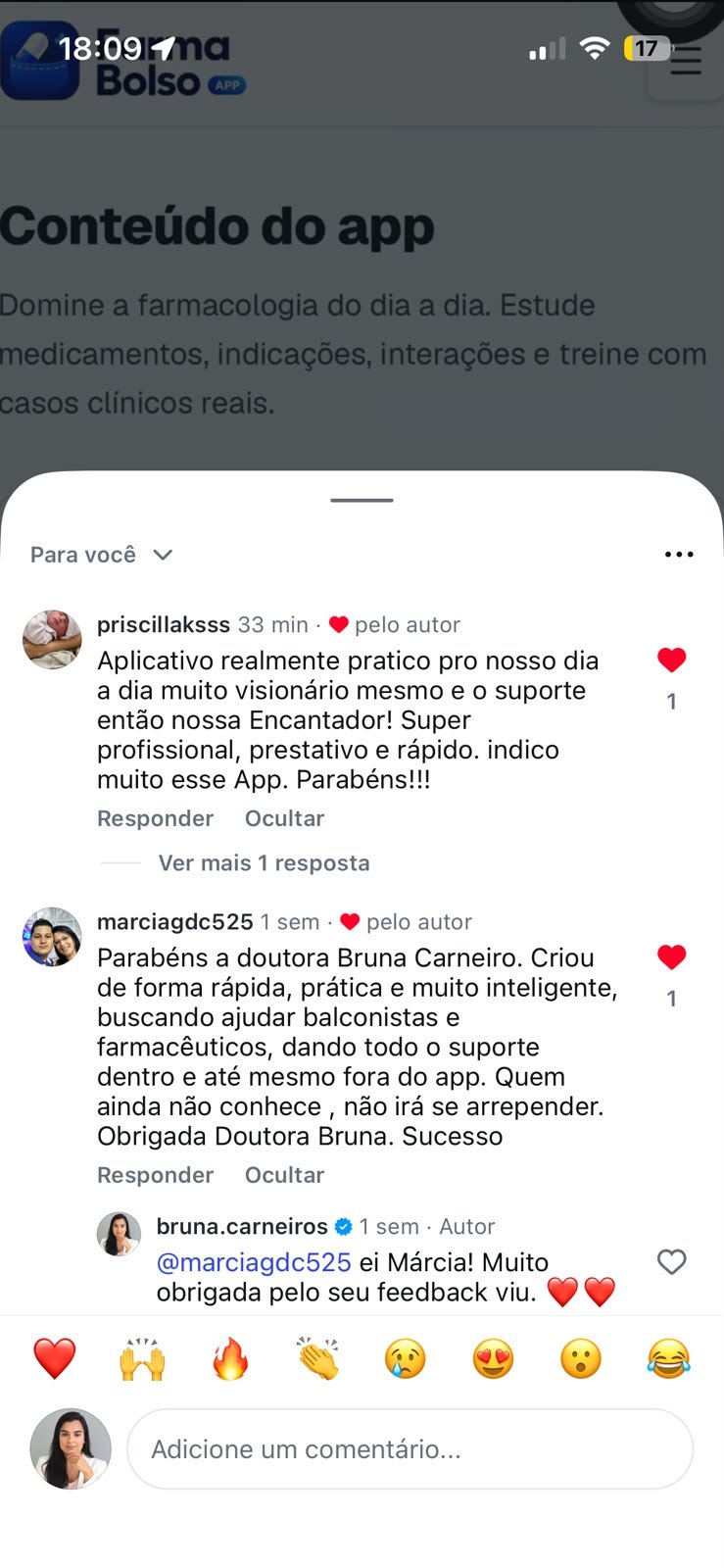 Comentarios de clientes no Instagram elogiando o Farma Bolso