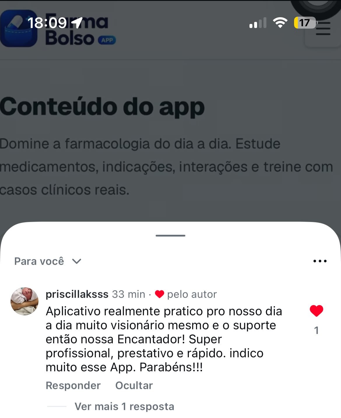 Comentario de cliente no Instagram sobre a praticidade do Farma Bolso