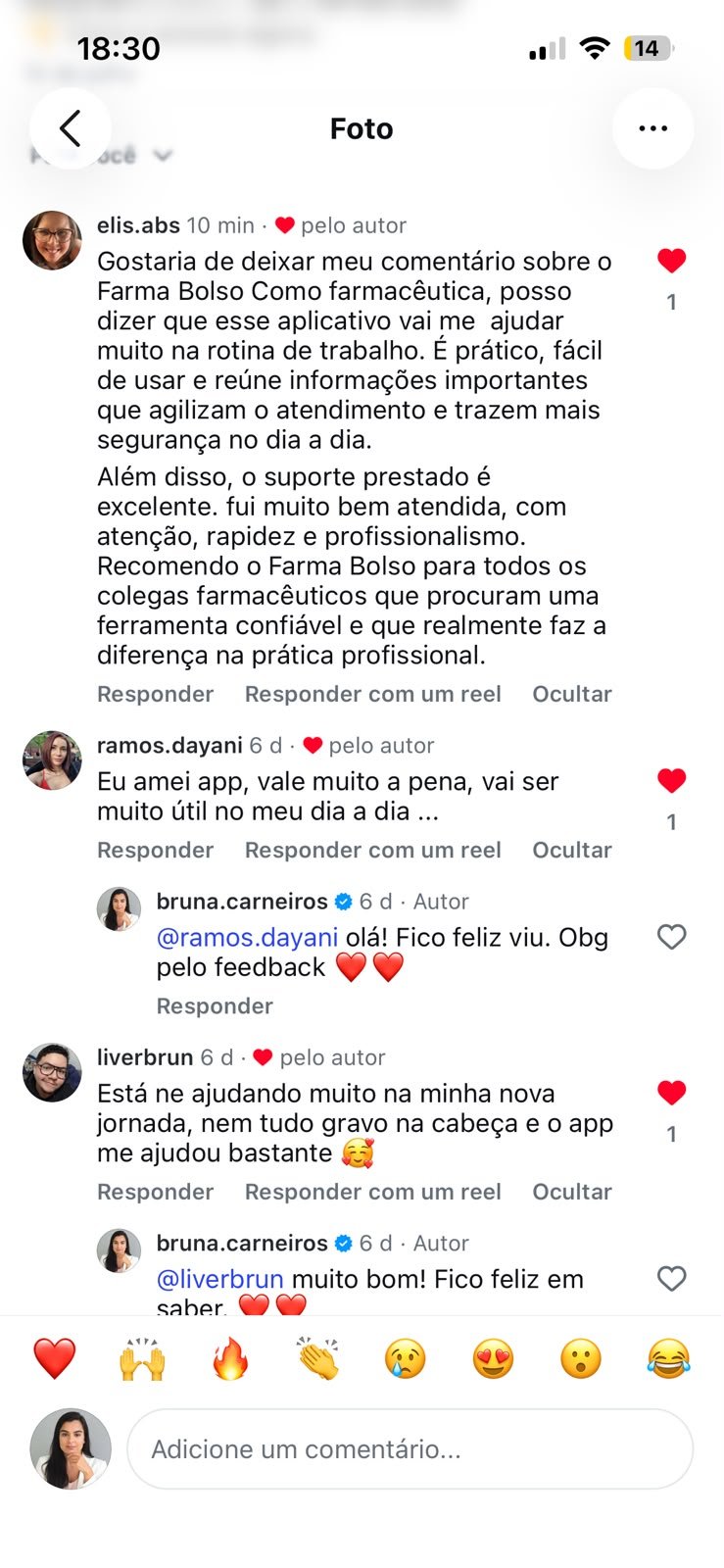 Comentarios de farmaceuticos no Instagram recomendando o Farma Bolso