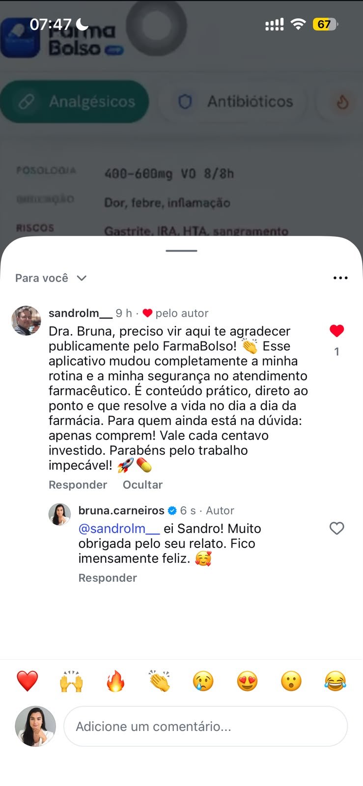 Comentario de cliente no Instagram agradecendo pelo Farma Bolso